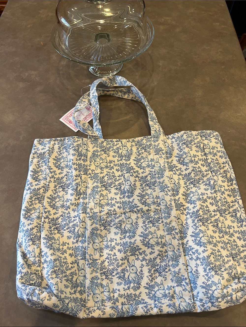 Fleur & Fig Blue Toile Floral Canvas Tote Bag Bunny Rabbit Floral
